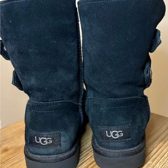UGG Black Suede Shearling Boots with Button Accent - Picture 5 of 9